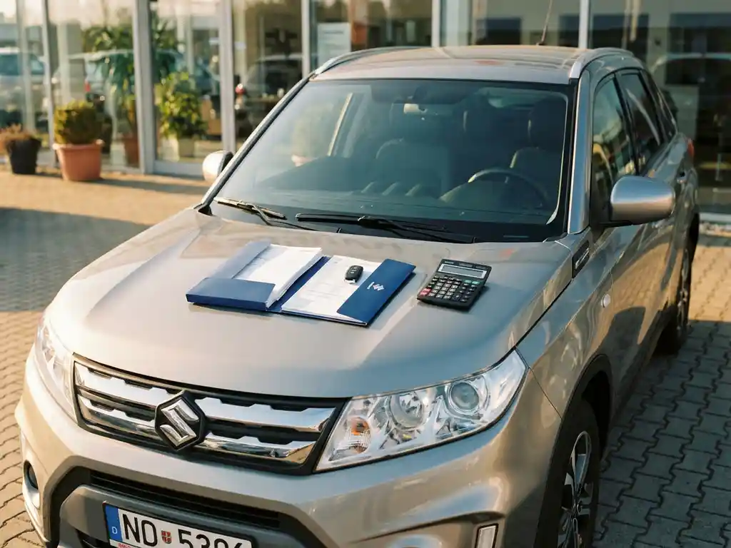 Gebruikte Suzuki Vitara op dealerterrein met aankoopDocumenten, sleutelhanger en rekenmachine op de motorkap.