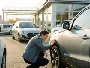 Persoon die de carrosserie van een zilveren Suzuki Vitara inspecteert bij een dealer, gehukt naast de voorwielkast in middagzon.