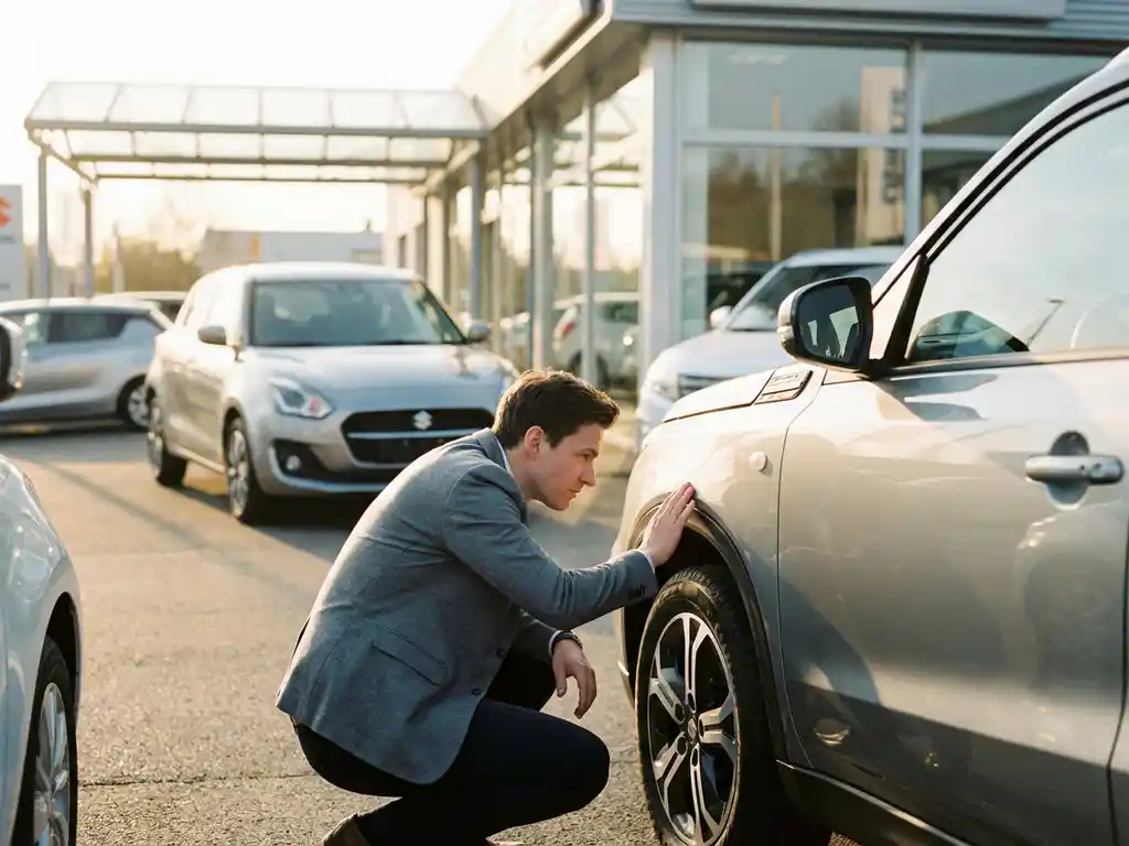 Persoon die de carrosserie van een zilveren Suzuki Vitara inspecteert bij een dealer, gehukt naast de voorwielkast in middagzon.