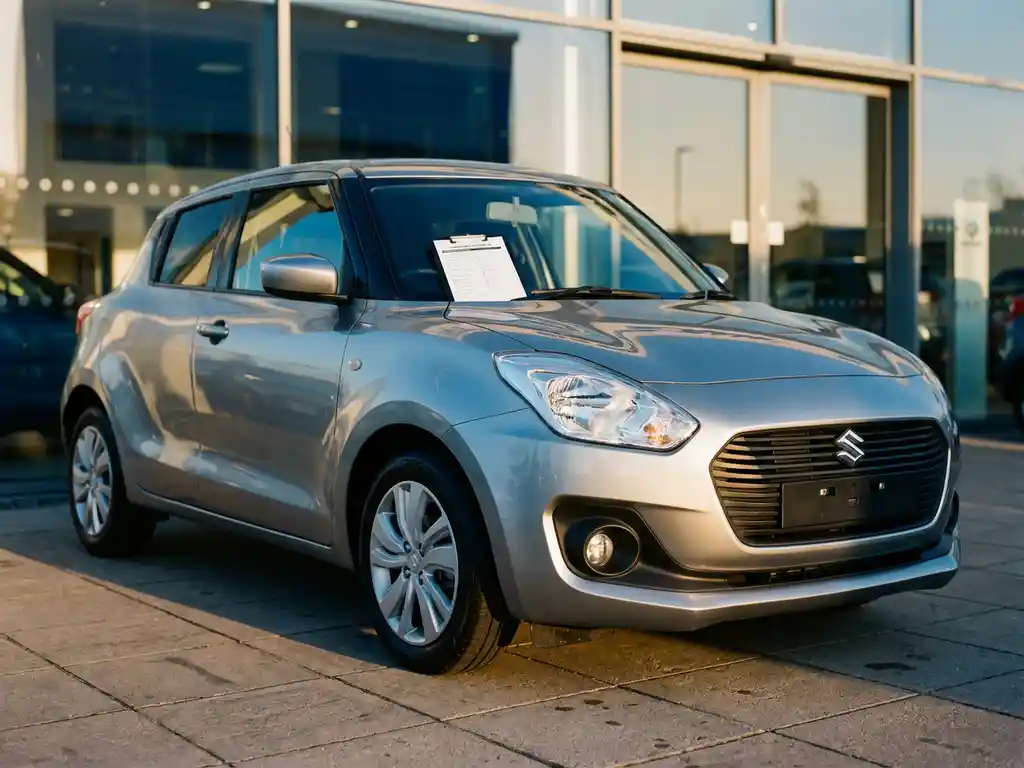 Zilveren Suzuki Swift op dealervoorplein met keuringsklembord op de motorkap, zachte middagzon.