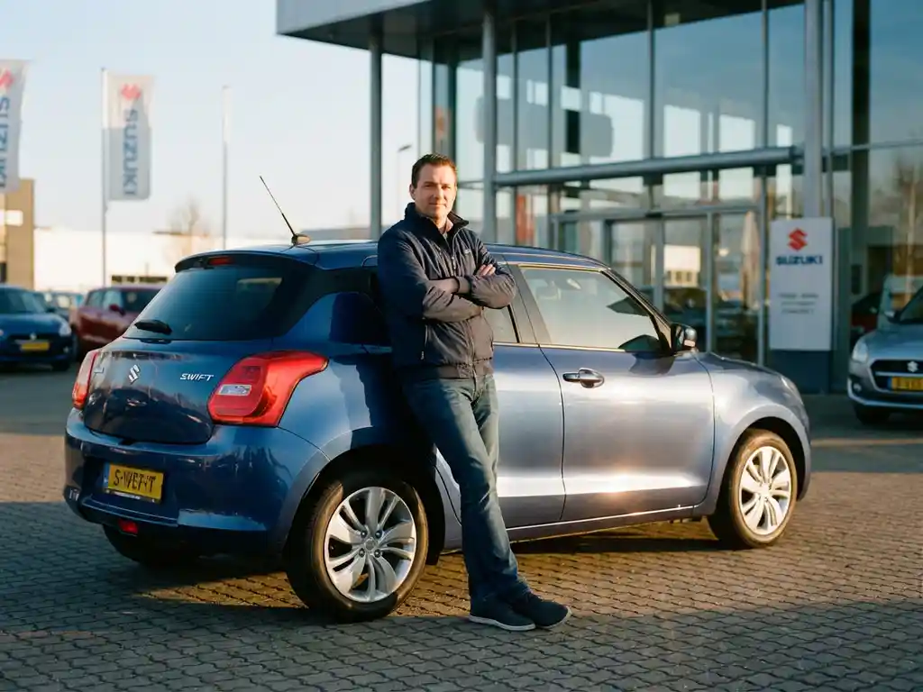 Zelfverzekerde klant leunend tegen een glanzende Suzuki Swift op het voorterrein van een dealer in warm middagzonlicht.
