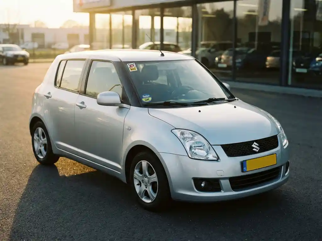 Zilveren tweedehands Suzuki Swift op dealerforeourt met kwaliteitssticker op voorruit in warm middagzonlicht.
