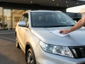 Occasion Suzuki Vitara op dealerterrein met contractdocument en autosleutel op de motorkap in middagzon.