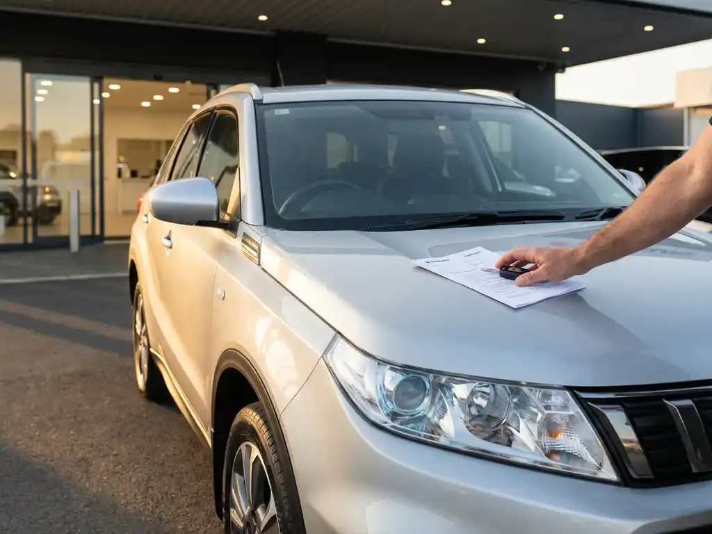 Occasion Suzuki Vitara op dealerterrein met contractdocument en autosleutel op de motorkap in middagzon.