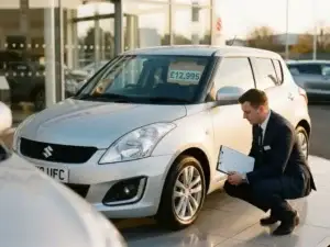 Suzuki Swift geparkeerd op een dealerforecount terwijl een verkoper met klembord de auto inspecteert bij gouden avondlicht.