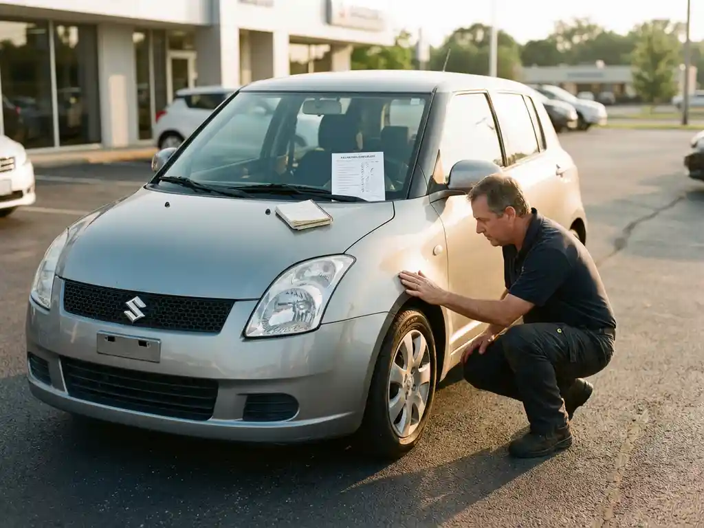 Zilverkleurige Suzuki Swift op dealerterrein terwijl verkoper de carrosserie inspecteert met waarderingslijst op de motorkap.