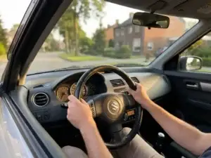 Bestuurder houdt het stuur van een Suzuki Swift vast tijdens een proefrit op een zonnige Nederlandse voorstadsweg.