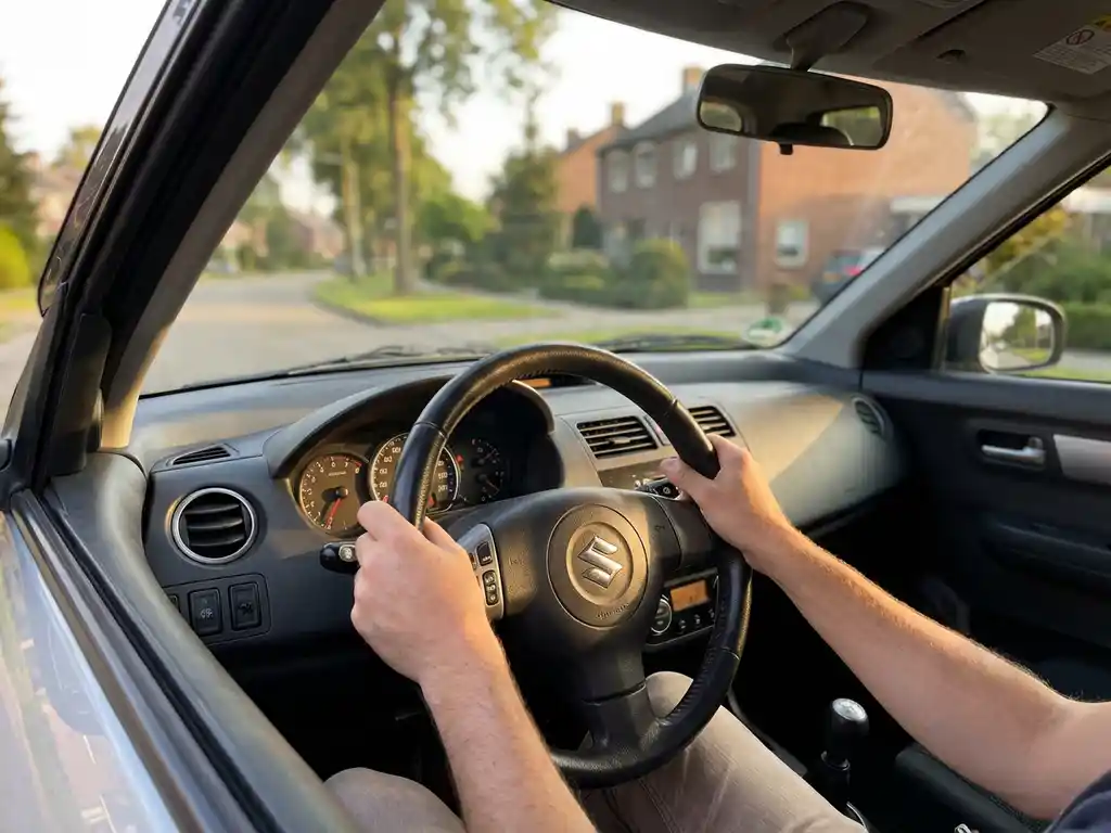 Bestuurder houdt het stuur van een Suzuki Swift vast tijdens een proefrit op een zonnige Nederlandse voorstadsweg.