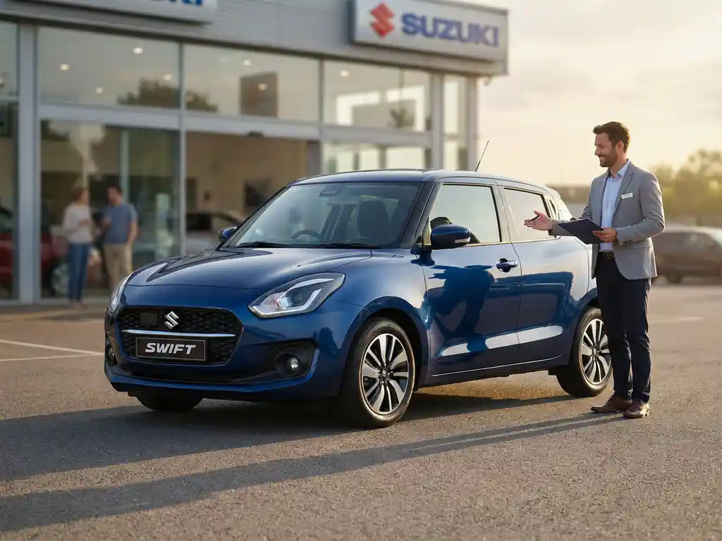 Suzuki Swift op dealerforecourt met verkoper die taxatie uitvoert in warm middagzonlicht.
