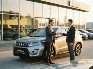 Verkoper overhandigt autosleutels aan blije klant bij tweedehands Suzuki Vitara op autodealerterrein in gouden middaglicht.