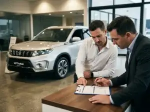Klant en verkoopadviseur bespreken offerte aan showroomtafel met Suzuki Vitara op de achtergrond.