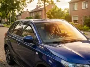 Tevreden klant achter het stuur van een blauwe Suzuki tijdens een proefrit op een zonnige Nederlandse woonstraat.