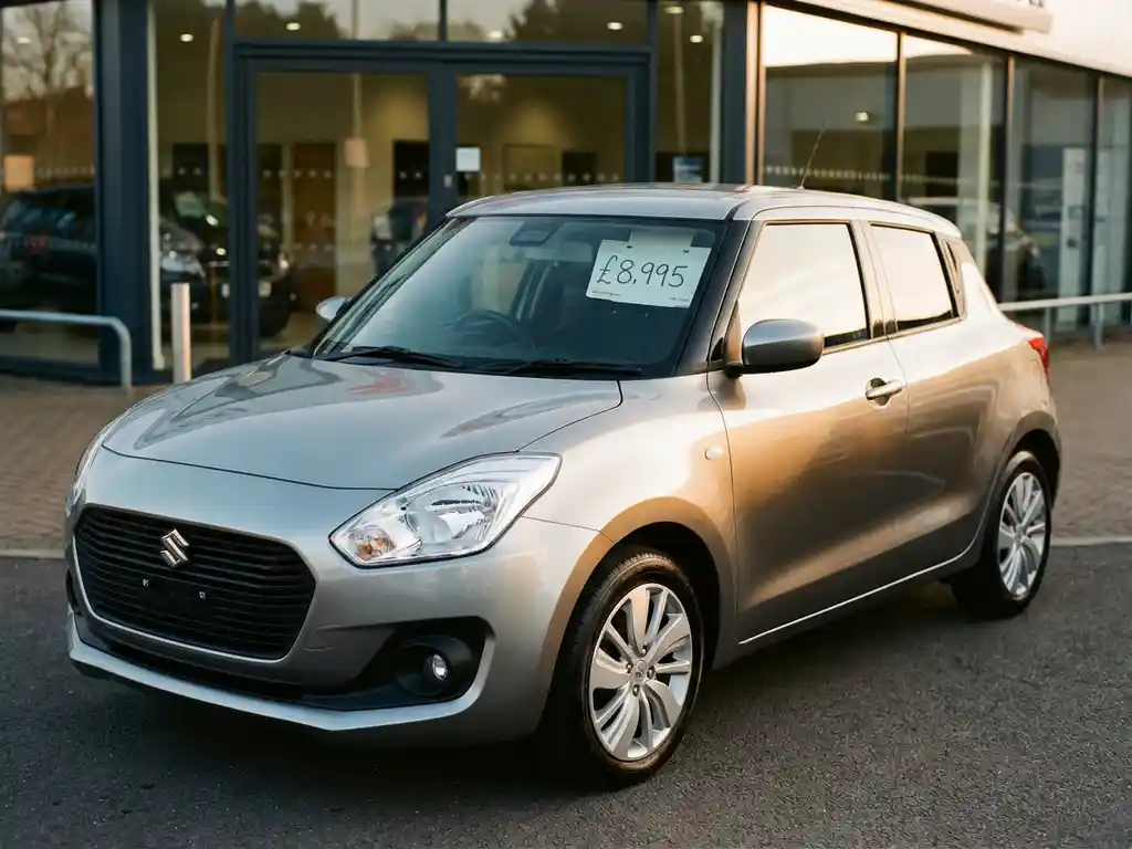 Tweedehands Suzuki Swift op dealerterrein met prijskaartje op voorruit, gouden uursbelichting op zilverkleurige lak.