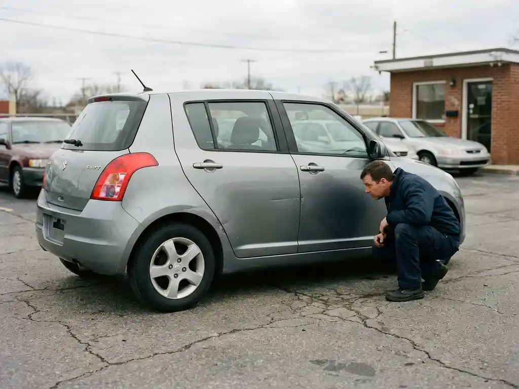 Koper inspecteert de carrosserie van een gebruikte Suzuki Swift met zichtbare deuik op het portier, geparkeerd op een autodealerterrein.