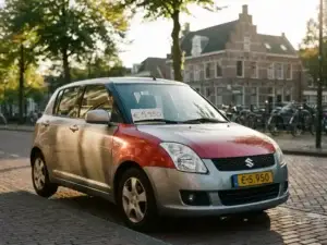 Tweedehands Suzuki Swift geparkeerd op een zonnige Nederlandse straat met prijskaartje op de voorruit, klassiek bakstenen gebouw op de achtergrond.