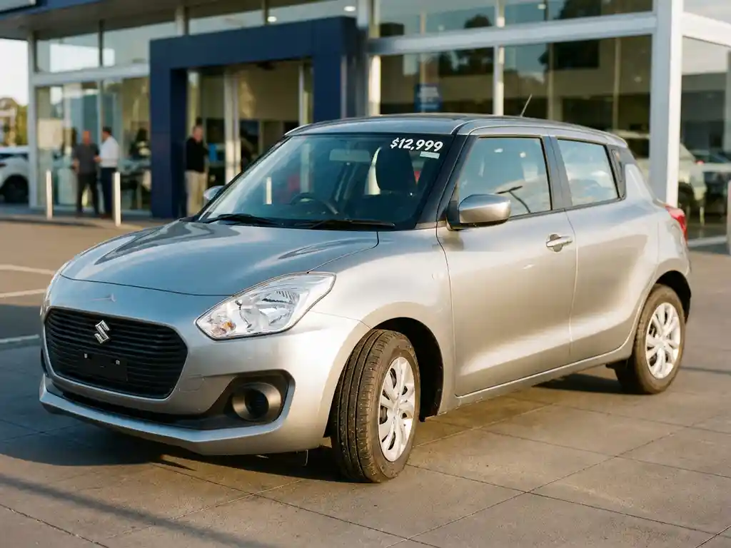 Tweedehands Suzuki Swift op dealerforecourt in zilvergrijs metallic, prijskaartje op voorruit, warm middagzonlicht.