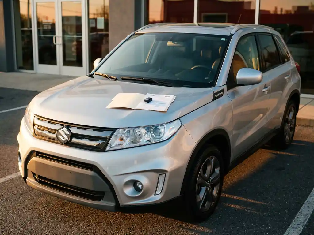 Gebruikte Suzuki Vitara op dealervoorplein met aankoopcontract en autosleutel op de motorkap in middagzon.